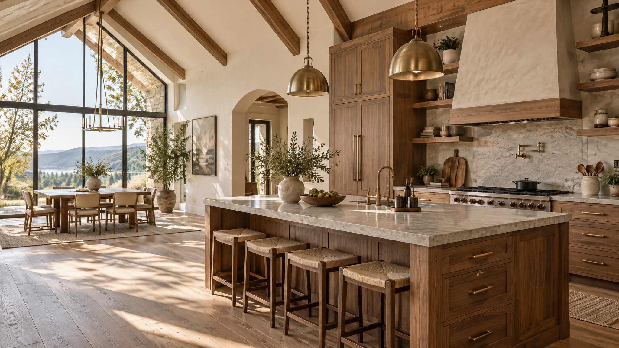 Premium kitchen with warm custom-style wood cabinetry, a large stone island, and refined finish details