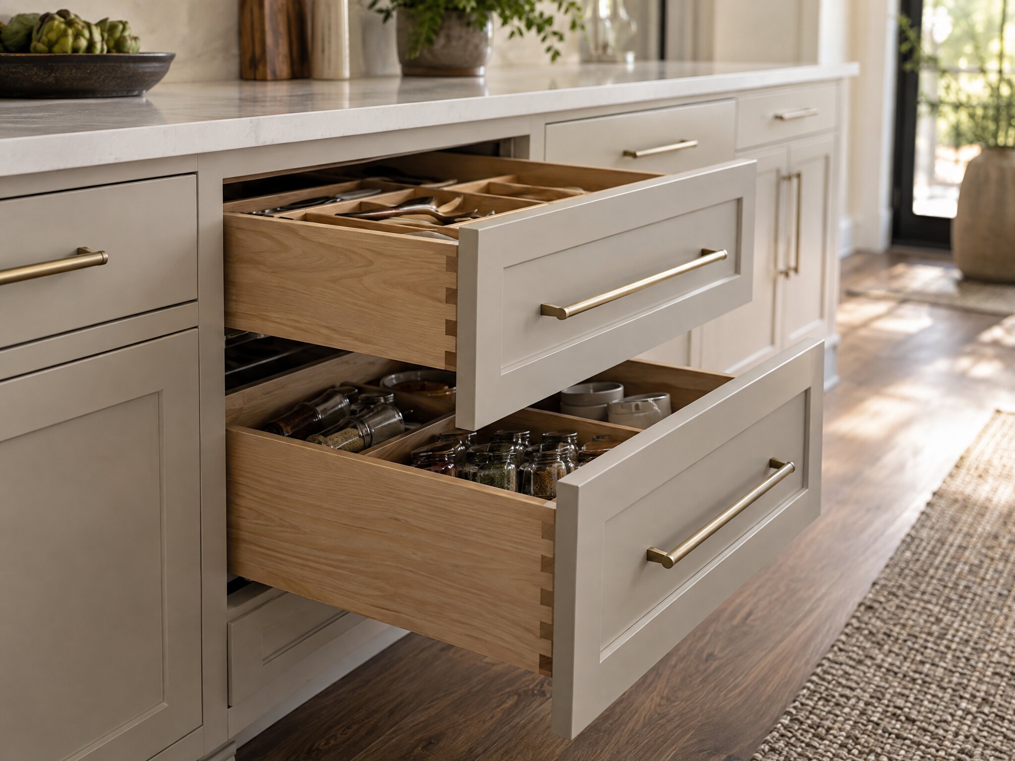 Custom kitchen drawers with soft-close construction and organized interior storage