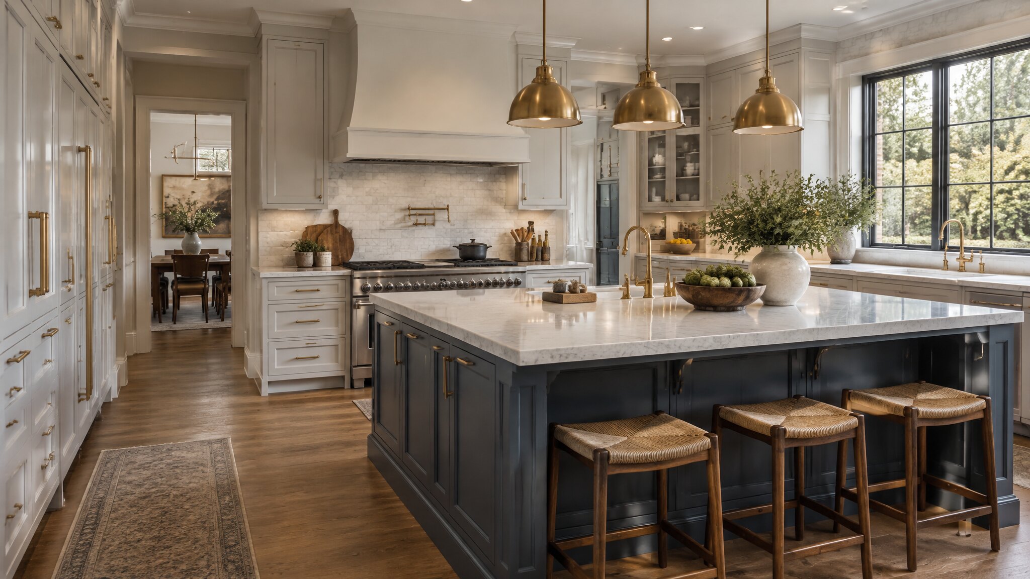 Premium custom kitchen remodel with a large island, stone countertops, and painted cabinetry